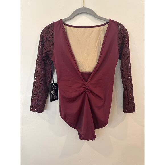 NWT Suffolk Embroidered Mesh 3/4 Sleeve Leotard Merlot M - Picture 5 of 8